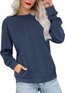 Sweatshirts à col rond marine pour femmes, tendance, hauts à manches longues unis pour femmes avec poches, mode - Product Image 5
