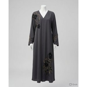 Abaya élégante en organza gris anthracite brodée de fleurs - Product Image 1