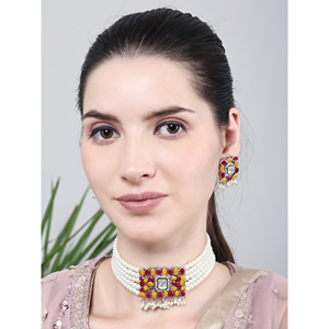 สร้อยคอโมติสี่เหลี่ยมสีส้มแดงกับเพทายสำหรับงานแต่งงาน - Product Image 6
