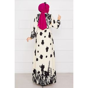 Sena Patterned Belted Viscose Hijab Dress Vestido largo Abaya para mujer Talla XS para la temporada de verano e invierno Ecru-Black - Product Image 3