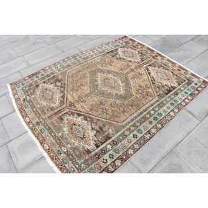 Tapis turc vintage, dimensions 4,9x5,8 pi (148x177 cm), tapis en laine rayé marron - Product Image 3