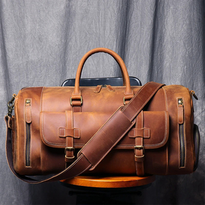 Genuine Leather Foldable Portable <b>Duffel</b> <b>Bag</b> Weekender Travel Carry-On with Zipper Closure Adjustable Strap Brown - Product Image 2
