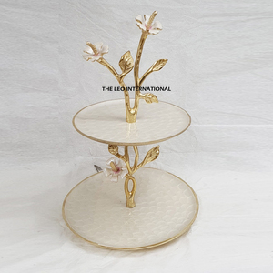 New Collection Designer 2 Tier Flower Leaf Branch Cupcake Stand Wedding Decoration Gold Platted Enamel White <b>Resin</b> Epoxy Mold - Product Image 1