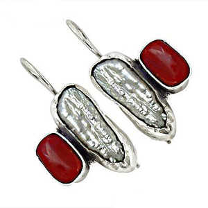 Boucles d'oreilles pendantes vintage en argent 925 avec perle et corail rouge pour femme, cadeau - Product Image 2