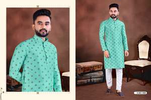 Ensemble Kurta Pyjama en Soie Jacquard Élégant pour Hommes Vêtements de Fête Vêtements Ethniques Indiens Traditionnels Costume Confortable et Stylé - Product Image 5