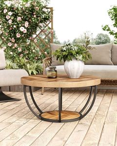 Vente en gros Table basse en bois à 2 niveaux avec cercle Étagères de rangement Cadre en métal Nouveau design Mobilier industriel de salon Bon prix - Product Image 4