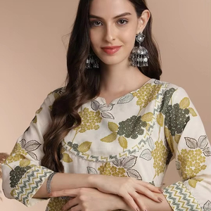 Mujeres floral impreso Gotta Patti detalle puro algodón recto Kurta con pantalón indio Pakistán Salwar kameez traje - Product Image 1
