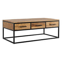 Mangohouten Owen 120 cm Mobilier de salon style ferme en chêne Salontafel avec ensemble de tiroirs carrés en métal