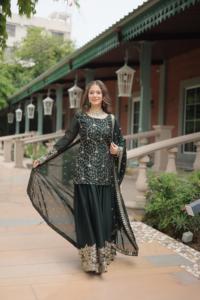 Vêtements ethniques indiens pour femmes les plus vendus ensemble de costumes brodés Sharara Palazzo Salwar Kameez pour les occasions de mariage au meilleur prix - Product Image 5