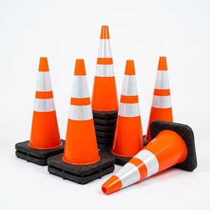 Cône de signalisation routière en PE de 18 pouces (450 mm) avec base en caoutchouc lestée - Cône de sécurité routière orange haute visibilité avec base noire - Product Image 1