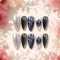 Ongles press-on faits à la main, longs, en forme d'amande, noir et blanc, iridescent, chrome, gothique, abstrait, à coller, pour femmes, 10 pièces