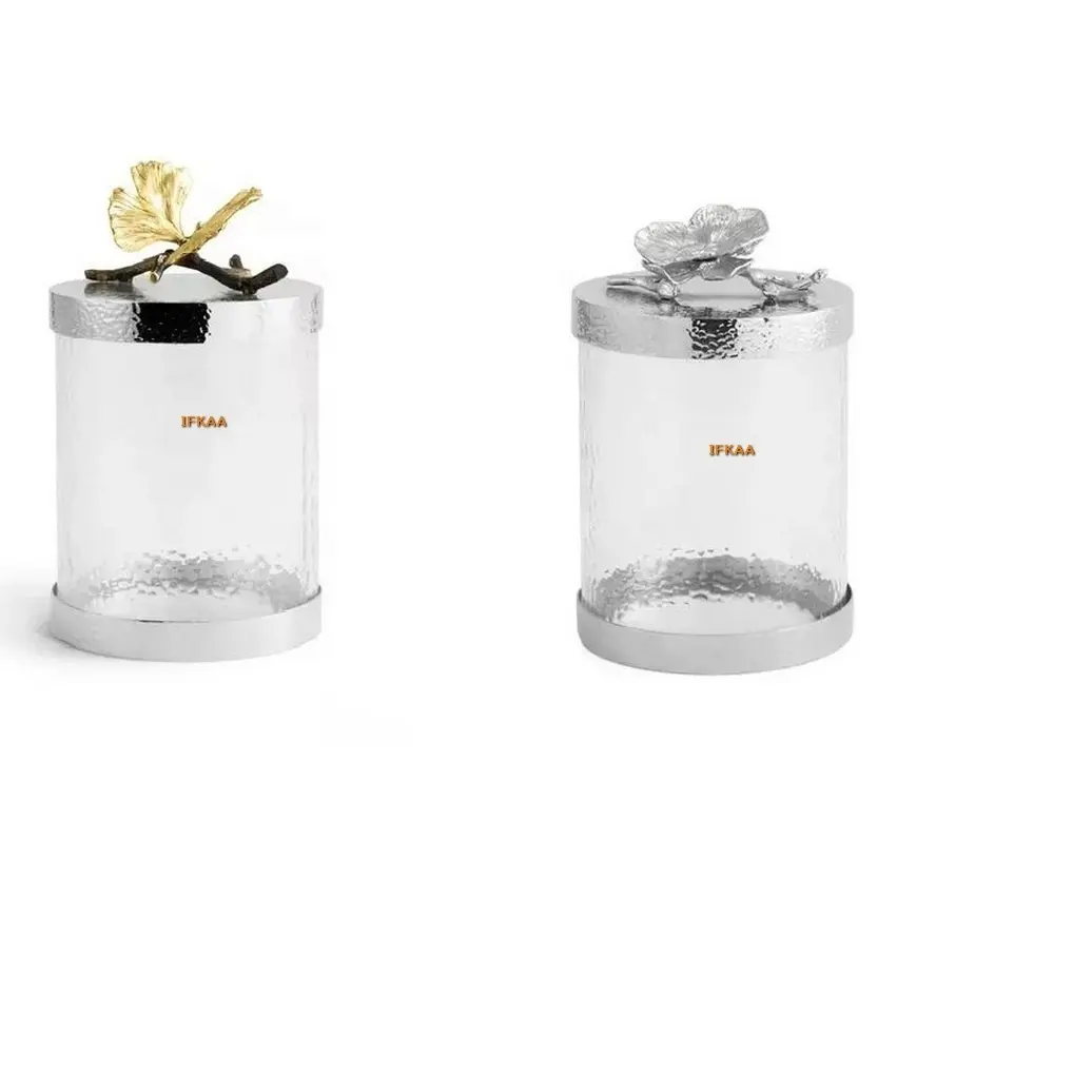 Modern Luxury Glass Metal Storage Jars Containers Glass For Kitchen Ware Decorative Glass canisters From India Fancy Water Canis