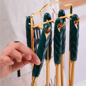 Elegante espátula dorada de acero inoxidable y juego de servidor de Pasta con asas verdes, utensilios de cocina portátiles duraderos, juego de cucharas de cocina - Product Image 5