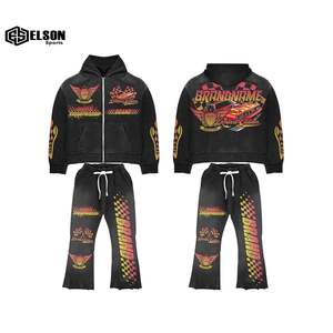 100% coton tissu respirant hiver pour hommes sweat à capuche imprimé survêtement ensembles lavage à l'acide survêtements par Elson Sports - Product Image 6