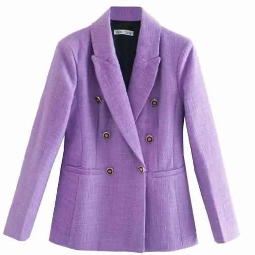Women autumn and winter vintage purple tweed blazers jackets chic button suit coat female outwear tops office blazer jacket