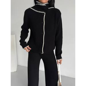 Mybeefashion Women's Black Shawl Collar Knitwear Two-Piece <b>Set</b> - Elegant Wool Blend Acrylic <b>Sweater</b> and Trousers Outfit - Product Image 2