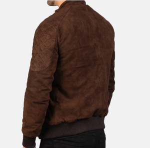 <b>Men's</b> <b>Brown</b> <b>Suede</b> Bomber <b>Jacket</b> Moto Style Turn-down Collar Quilted Shoulder Patch Design Regular Fit Autumn Wear - Product Image 2
