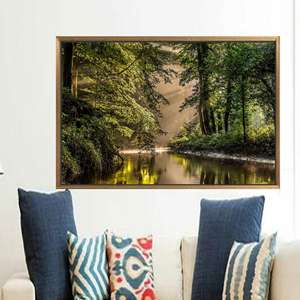 Toile imprimée : Art mural Paysage forestier avec rivière, Œuvre d'art verte, 1P : Cadre doré - Product Image 1