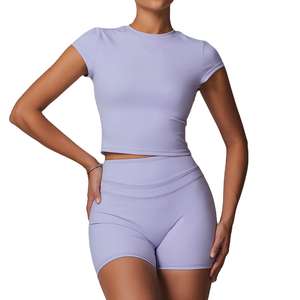 Factory Manufacturer Brushed High Elasticity Sleeved-<b>Short</b> Tight Outdoor Running and <b>Cycling</b> Sweatshirt and <b>Shorts</b> for Women - Product Image 6