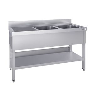 Évier commercial en acier inoxydable ECO - 1600x700mm - avec double bac à droite - avec étagère inférieure - avec rebord - Product Image 1