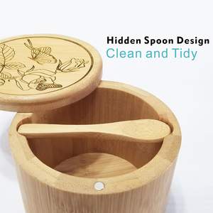 Bamboo Salt Cellar Box Container Bowl with Lid and Spoon Kitchen Spice Cellars Salt Holder Saver <b>Jar</b> with Swivel Magnetic Lid - Product Image 2
