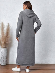 Ventes en gros de robes longues à capuche en polaire tricotée grise pour femmes, pull décontracté d'hiver, vêtements de détente avec poches, commandes en gros - Product Image 2
