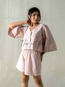 Ensemble 2 pièces en coton uni avec haut et bas courts doux et confortables brodés, robe de nuit en coton, vêtements décontractés, vêtements de salon - Product Image 5