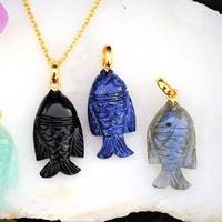 Pendentif en argent sterling 925 avec pierre naturelle de labradorite, turquoise, lapis-lazuli, sculpté en forme de poisson, charmes de pierres précieuses, sculptures, 25 mm