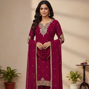 Ensemble Kurta Palazzo d'été respirant de luxe Unity Luxure avec broderie vin et dupatta, en tissu Georgette doux, idéal pour les fêtes - Product Image 1