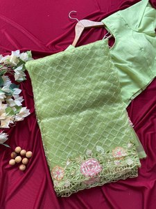 Nuevo Diseño, Hermoso Sari de Seda Organza Pura con Trabajo de Lentejuelas y Hilos, con Blusa a Juego para Bodas y Fiestas - Product Image 6