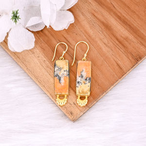 Bumble Bee Jasper Rectángulo Piedra preciosa Amarillo Chapado en oro Latón Cuelga Pendiente Joyería hecha a mano Declaración Pendientes Joyería - Product Image 2