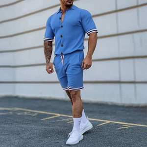 Vente en gros de chemises boutonnées décontractées et de shorts à cordon pour hommes, tenues de plage d'été de 2 pièces, vêtements d'extérieur à manches courtes - Product Image 3