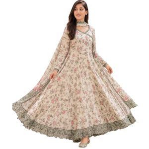ชุดอานาร์กาลีคุร์ตะผ้าฝ้ายพิมพ์ลายดอกไม้สำหรับผู้หญิง ความยาวคลุมเท้า พร้อมผ้าคลุมไหล่และรองเท้าส้นเตี้ยเข้าชุด แห้งเร็ว สง่างาม สไตล์ชาติพันธุ์ เหมาะสำหรับงานเทศกาล - Product Image 3
