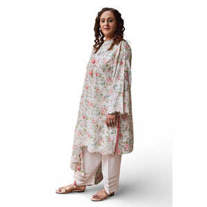 Ensemble 3 pièces en mousseline brodée et imprimée, avec dupatta brodée translucide à motifs, taille unique/XS/6XL pour événements - DN-62010 - Product Image 3