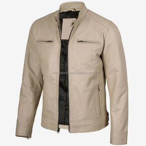 Chaqueta de Motociclista de Cuero Auténtico Beige para Hombre, Estilo Urbano, Cuello Alto, Cierres Frontales, Cintura Ajustable, Transpirable, para Invierno - Product Image 4