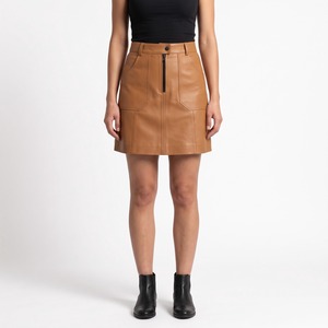 Leather Skirt Women A Line Mini Genuine Lambskin <b>Patch</b> Pockets Zip Fly Custom Logo OEM Wholesale - Product Image 1