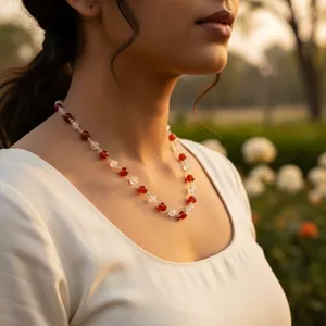 Collar Religioso Clásico con Cuentas de Cornalina Roja y Perlas de Agua Dulce para Mujer - Idea de Regalo SKU ABDN-20014 - Product Image 1