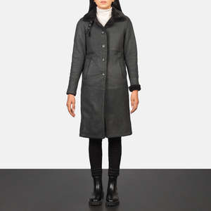 Alina Reversible Black Shearling Leather Coat High Collar Embroidered Diamond XS XL Waterproof Autumn Parka Nylon Zipper - Product Image 3