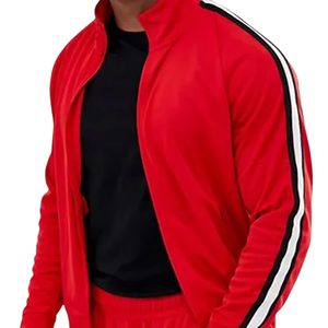 Chándal rojo para hombre con camisa negra y rayas laterales negras blancas Ropa deportiva con cremallera completa Conjunto de traje de jogging de dos piezas - Product Image 1
