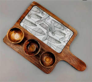 Plateau de service en bois imprimé avec 2 bols de service finition naturelle - Product Image 1