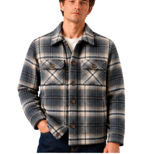 Dark Blue Borg <b>Lined</b> Check Shacket for <b>Mens</b> Warm Plaid Button Front Jacket with Soft Sherpa Interior Chest Pockets Casual Winter - Product Image 1
