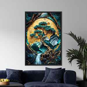 Golden Moon Bonsai Canvas Wall Art: Mystical Nature Print for Elegant Decor,Black <b>Framed</b> - Product Image 1