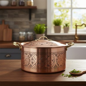 Pot en cuivre de style vintage, sculpté verticalement, avec double poignée - Product Image 2