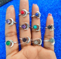 Bagues ajustables en laiton plaqué argent avec pierres précieuses naturelles Soleil et Lune, étanches, en acier, style vintage parfait, les plus vendues en gros