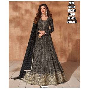Rayonne de soie ethnique indienne Anarkali robe noire et blanche lourde brodée Dupatta manches longues évasées mariages vêtements de fête - Product Image 4