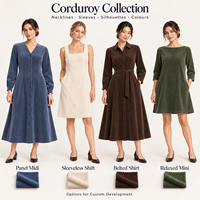Robes décontractées pour femmes en velours côtelé, coupe trapèze, manches longues, col rabattu, évasées, couleur unie, personnalisables, faible MOQ, vente en gros OEM