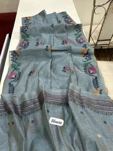 Magnifique sari en tissu de coton et soie Muga, couleur élégante, longueur 5,5 mètres, design fantaisie, avec pièce pour chemisier, pour femmes ou filles. - Product Image 4