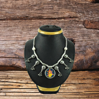 Collar de pintura de cristal Lord Ganesha, ropa de fiesta de plata 925 sólida, aspecto antiguo oxidado, hecho a mano, elegante joyería espiritual India