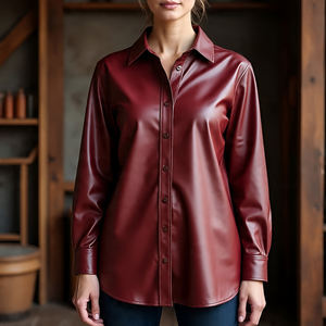 Camisa de Manga Larga de Cuero Genuino para Mujer, Corte Regular, Cuello Redondo, Diseño con Botones, Estilo Vintage de Moda Invernal - Product Image 4