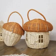 Cute Hand-Woven Rattan Mushroom <b>Basket</b> Wicker Beach <b>Straw</b> Organizer Box for Kids Summer Vacation Picnic Storage <b>Baskets</b> - Product Image 3